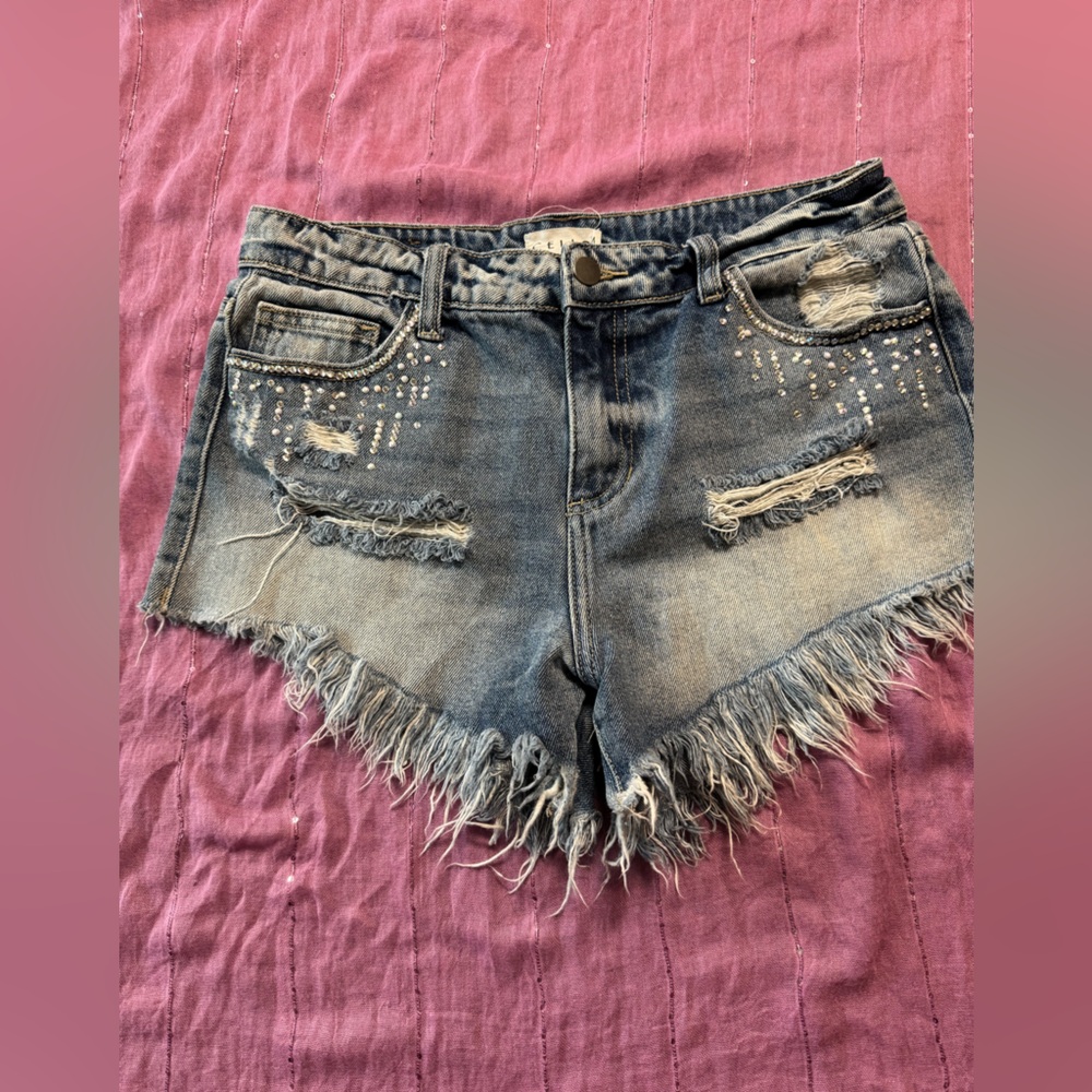 Cello Distressed Blue Denim Shorts with Fringe and Studs